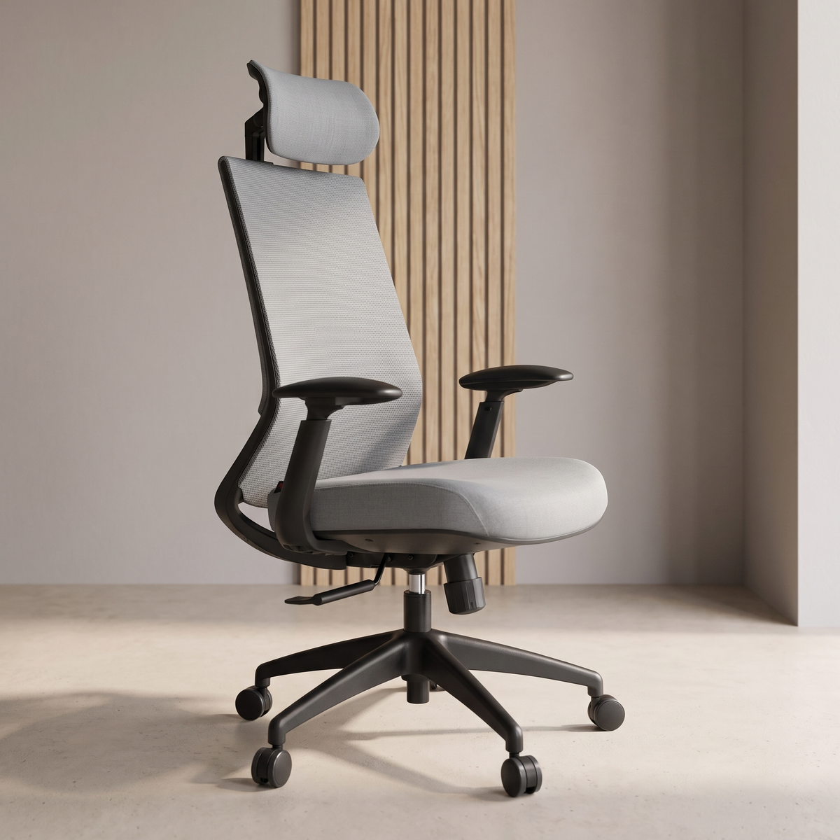 Karrigë ergonomike Rhea HB në ambient zyre modern me panel druri
