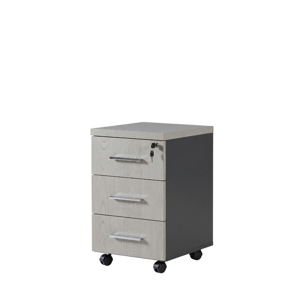 Pino Furniture Najma mobile office drawer unit with three light wood grain drawers and a central locking mechanism.